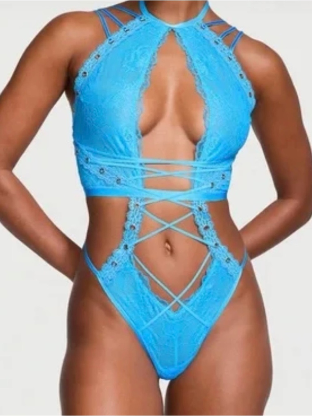 Victoria’s Secret Blue Lace Strappy One-Piece Lingerie with Grommets.  LG/NEW